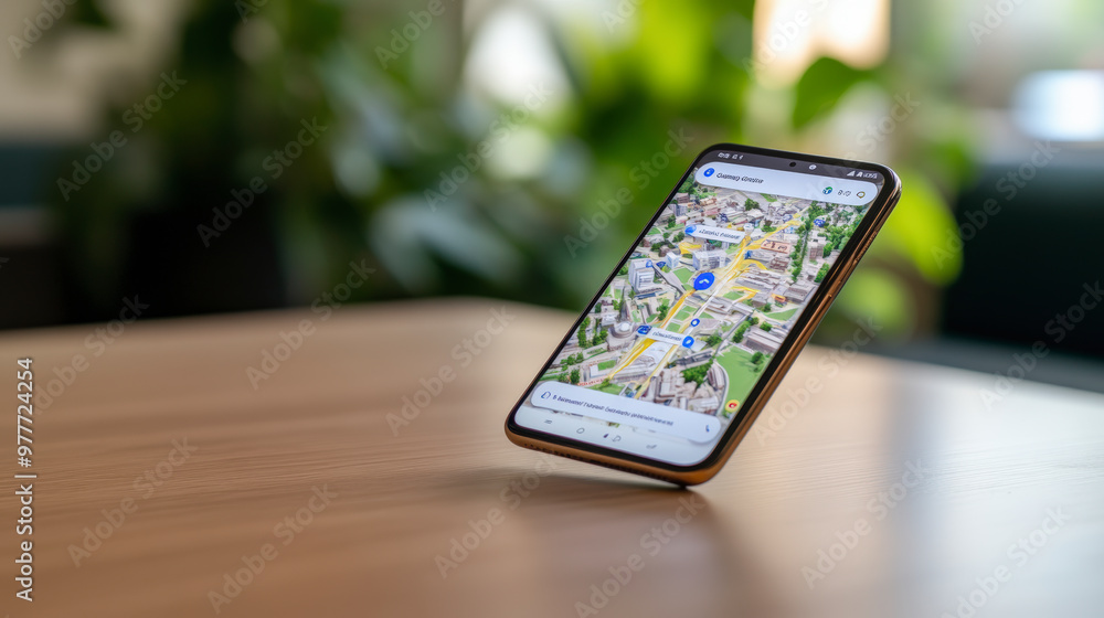 A smartphone displaying a map application is propped up on a wooden table, with a blurred green background in the distance. A smartphone displaying a map application is propped up on a wooden table, with a blurred green background in the distance.