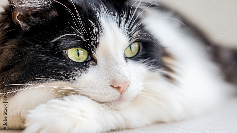 A close-up of a black and white cat lounging on a light solid color background, showcasing its striking markings and green eyes A close-up of a black and white cat lounging on a light solid color background, showcasing its striking markings and green eyes