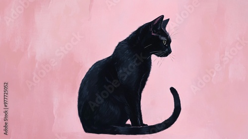 A black cat with a glossy coat, sitting poised with its tail wrapped around its paws, set against a minimalist pastel backdrop photo