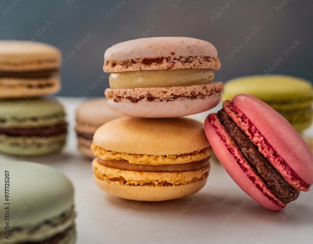 Isolated French macarons with depth of field capturing colorful layers and delicate textures Isolated French macarons with depth of field capturing colorful layers and delicate textures