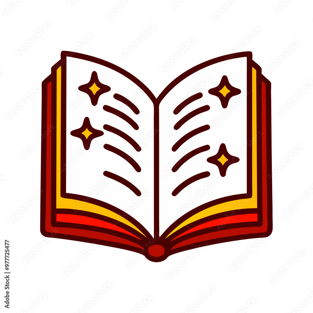 A book with a red and yellow cover with stars on it. The book is open to the middle of the page A book with a red and yellow cover with stars on it. The book is open to the middle of the page