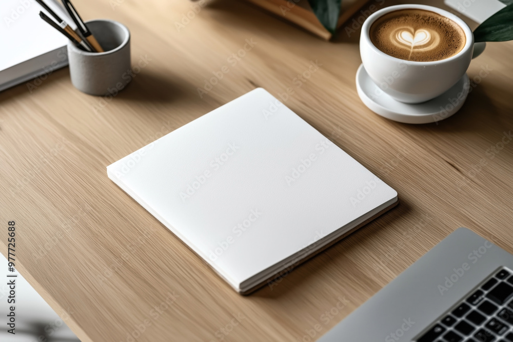 Modern workspace with a blank square book mockup on a wooden desk alongside a cup of coffee, a laptop, and a container of pens, presenting a clean and organized setup. Modern workspace with a blank square book mockup on a wooden desk alongside a cup of coffee, a laptop, and a container of pens, presenting a clean and organized setup.