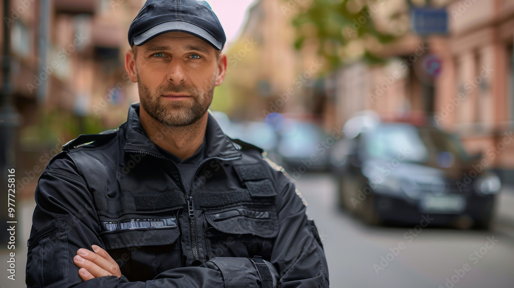 Security guard on the street. A male security guard patrols a protected area. Security guard on the street. A male security guard patrols a protected area.