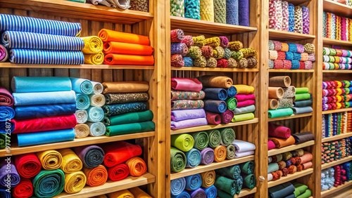 Vibrant rolls of colorful fabrics stacked vertically on wooden shelves, showcasing various textures, patterns, and