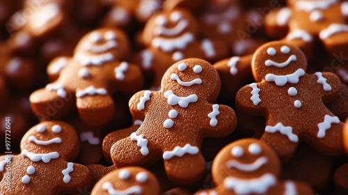 Closeup of many gingerbread men cookies, Generative AI