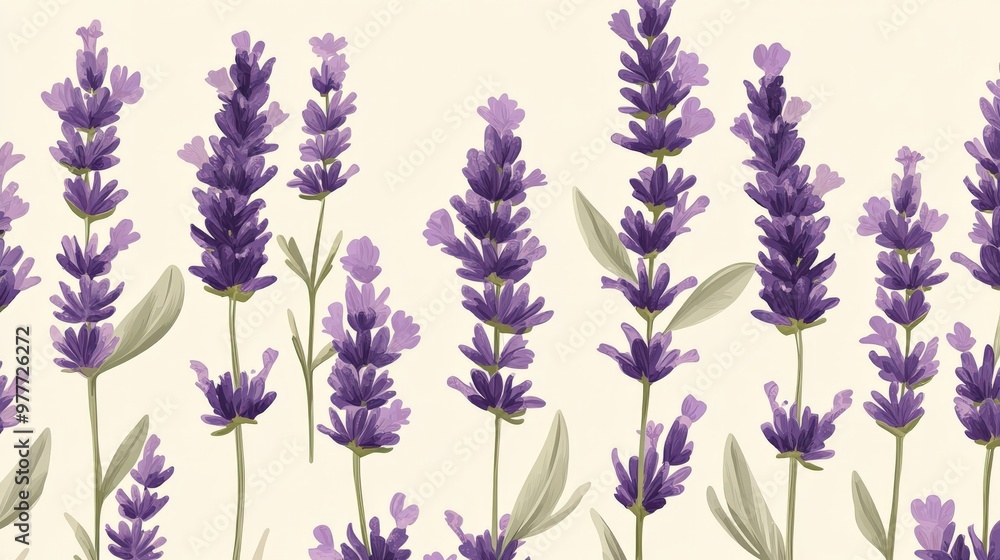 Fototapeta premium Beautiful lavender flower pattern with soft purples and greens, botanical style