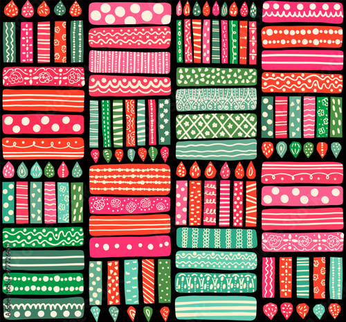 Red, Green and Pink Decorated Christmas Cakes with Candles Seamless Vector Pattern, Modern Geometric Shapes For Holiday Package Design, Tablecloths and Napkins