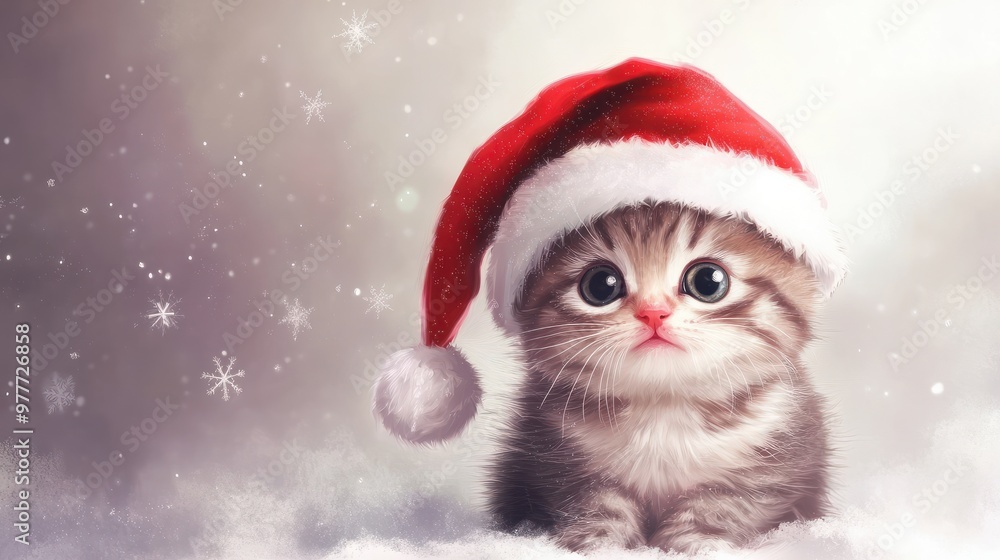 Cute Christmas Kitty in a Santa's Hat with Space for Copy Cute Christmas Kitty in a Santa's Hat with Space for Copy