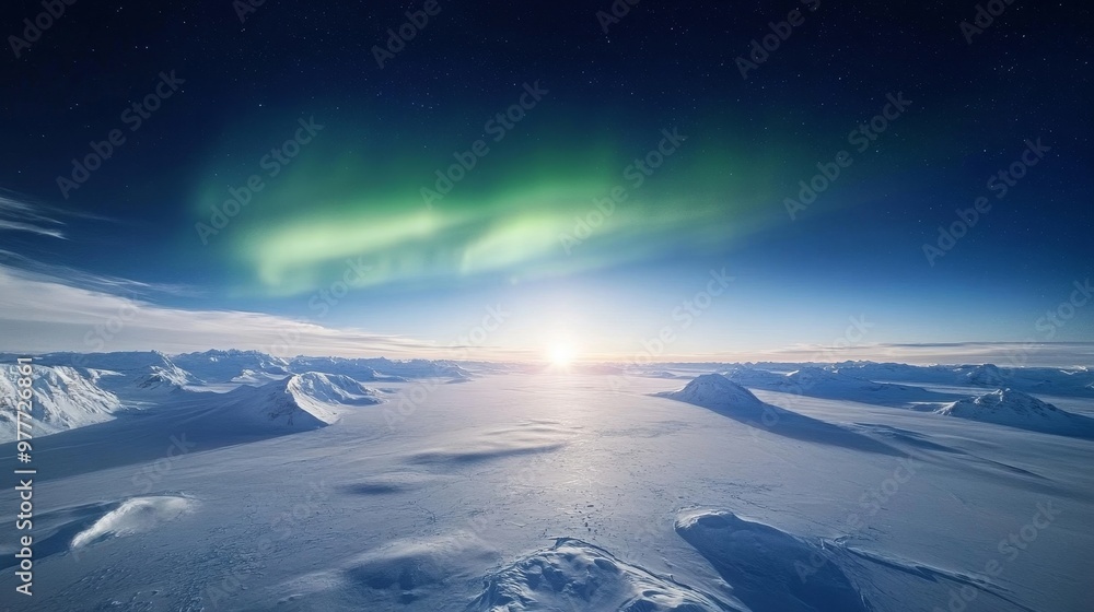 Southern Hemisphere, aurora over Antarctic ice sheet, cold night. Southern Hemisphere, aurora over Antarctic ice sheet, cold night.