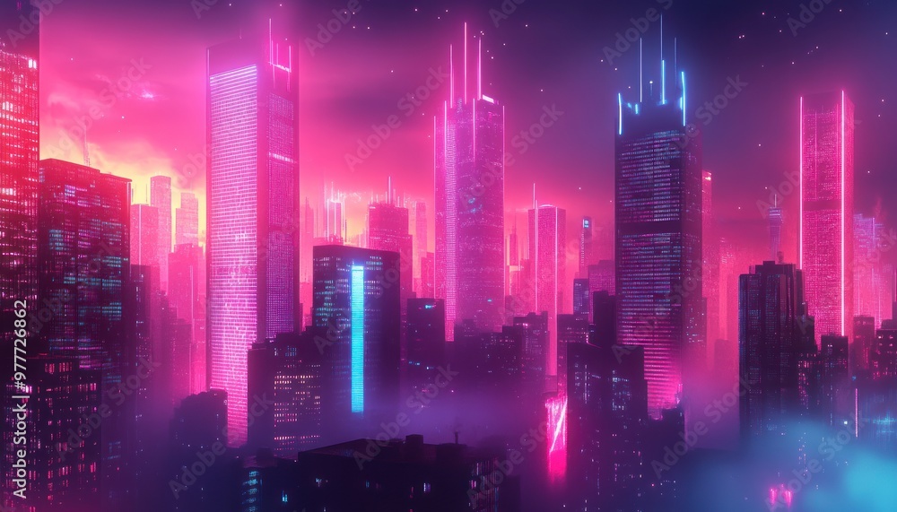 Futuristic Cityscape Illuminated by Neon Lights and Fog Futuristic Cityscape Illuminated by Neon Lights and Fog