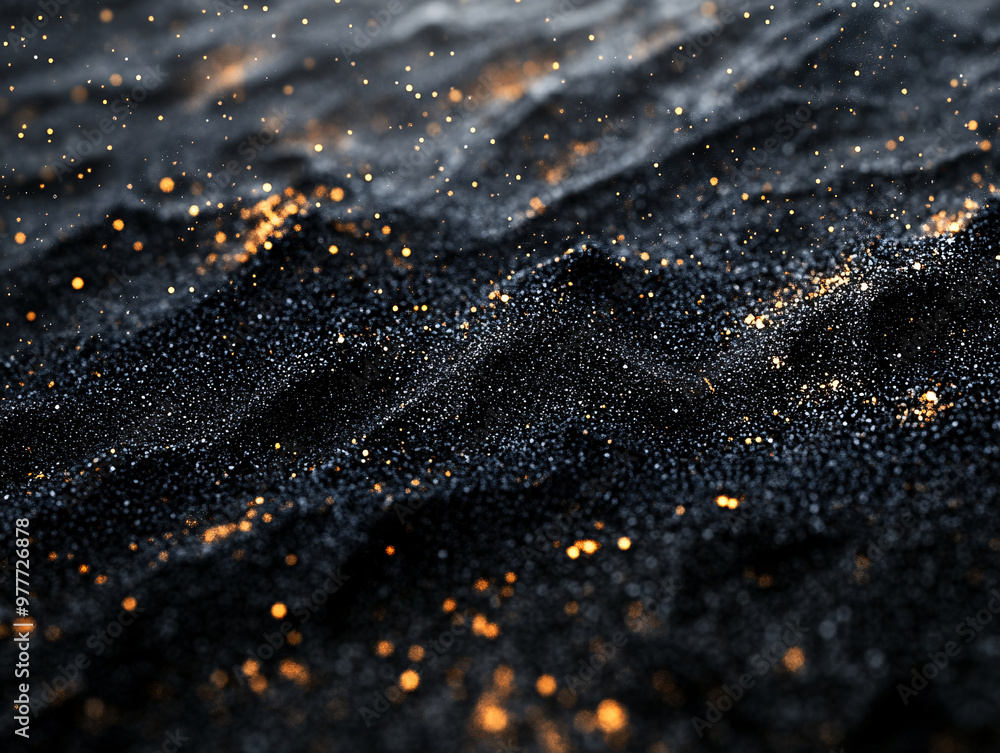 Abstract black sand particles glowing with ethereal light, surreal waves of granular surfaces with bright floating sparks and illuminated textures in a tranquil dreamlike landscape Abstract black sand particles glowing with ethereal light, surreal waves of granular surfaces with bright floating sparks and illuminated textures in a tranquil dreamlike landscape