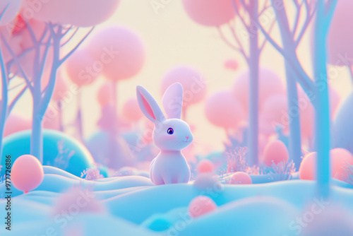 Cute cartoon bunny is sitting in a magical forest with pastel colored trees and plants photo