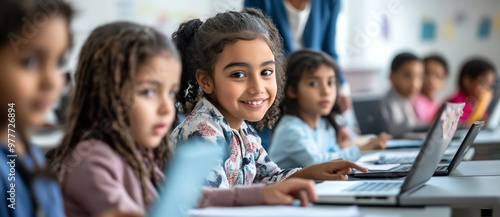 A diverse group of happy children sitting at desks in a classroom photo