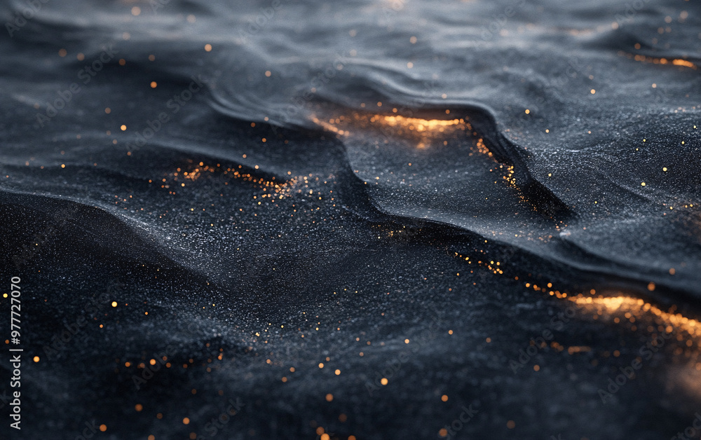 Obraz premium Abstract black sand particles glowing with ethereal light, surreal waves of granular surfaces with bright floating sparks and illuminated textures in a tranquil dreamlike landscape