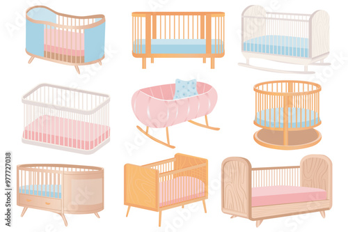 Baby cots set elements in flat graphic design. Bundle objects of cute cartoon newborn cribs and cradle, different types of child bed, pink and blue colors mattress and textile. Vector illustration.