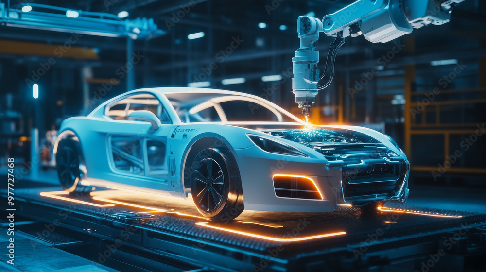 Robot welder in the automotive sector. White robots welding the car frame in an auto manufacturing plant. The robots sketch the concept car's outline using a laser beam or ray. Robot welder in the automotive sector. White robots welding the car frame in an auto manufacturing plant. The robots sketch the concept car's outline using a laser beam or ray.
