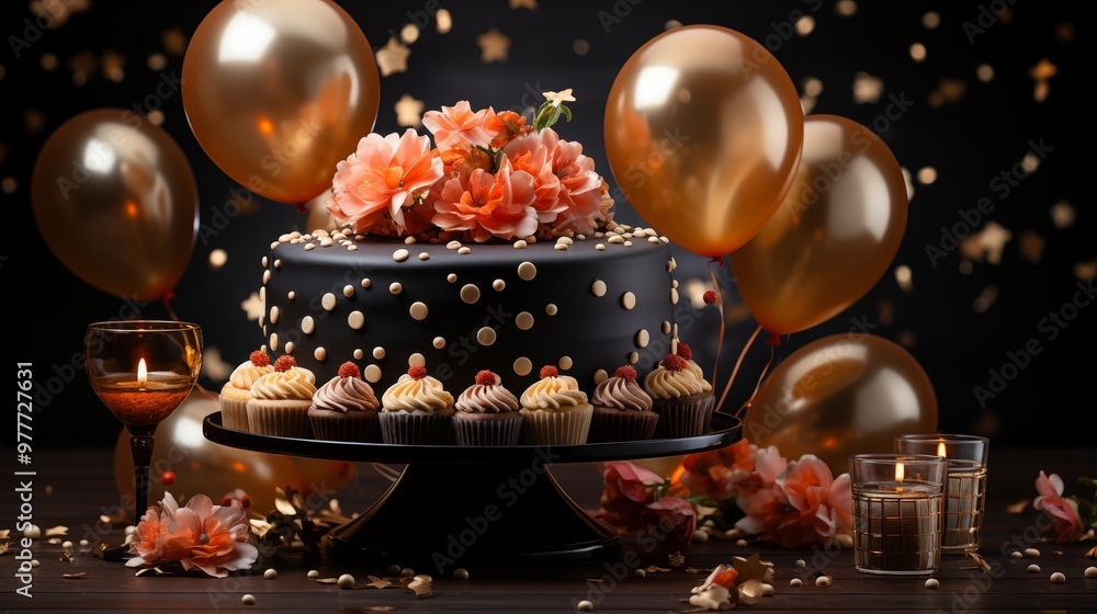 luxurious birthday celebration themed minimalist black cake with golden icing topped with flowers and balloon surrounded by sprinkles of gold on black background luxurious birthday celebration themed minimalist black cake with golden icing topped with flowers and balloon surrounded by sprinkles of gold on black background