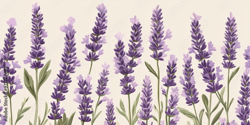 Naklejka premium Beautiful lavender flower pattern with soft purples and greens, botanical style