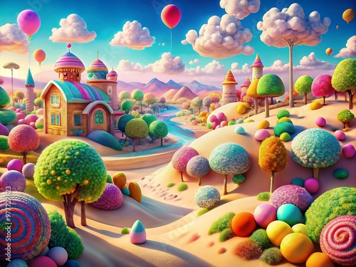 Vibrant sweet treats overflow from colorful buildings, twisting lollipop trees, and sugary sand dunes in a whimsical, photo