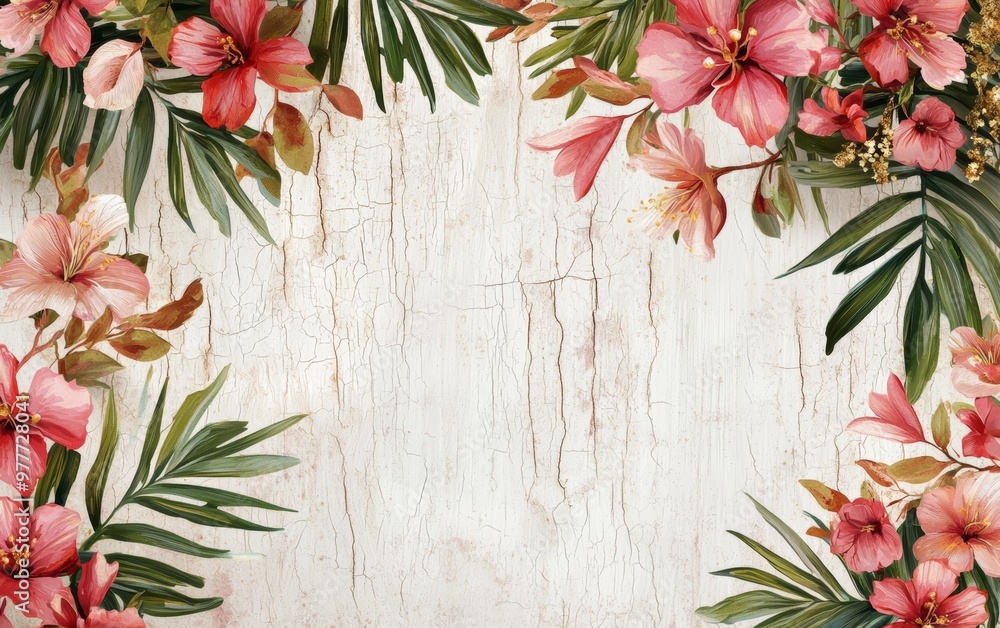 An intricate design of tropical vines, luxury florals, and gold accents, overlaid with retro textures like cracks and faded edges for a vintage aesthetic An intricate design of tropical vines, luxury florals, and gold accents, overlaid with retro textures like cracks and faded edges for a vintage aesthetic
