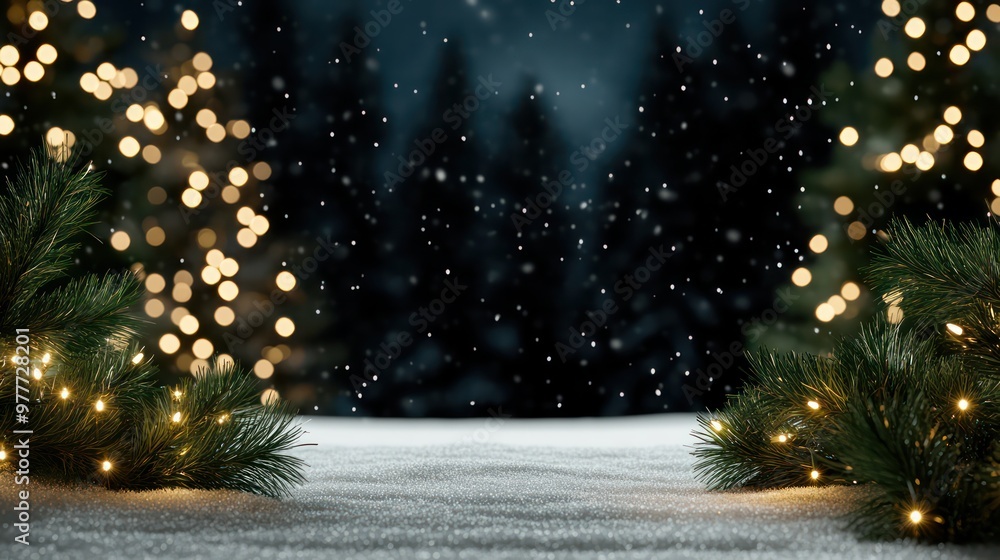 A snowy forest with a bright light shining on the trees. The light is coming from the sky and the trees are lit up A snowy forest with a bright light shining on the trees. The light is coming from the sky and the trees are lit up