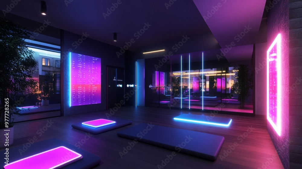 Modern Yoga Studio with Neon Lights.
