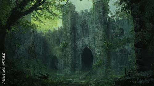 Overgrown Stone Castle Entrance with Foggy Pathway