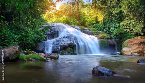 Tranquil Waterfall in Lush Green Forest