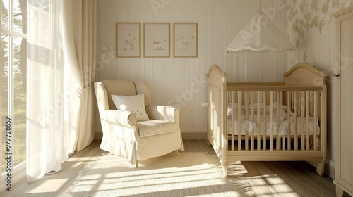 A baby room in Scandinavian style, furnished with an armchair and a wooden bed photo