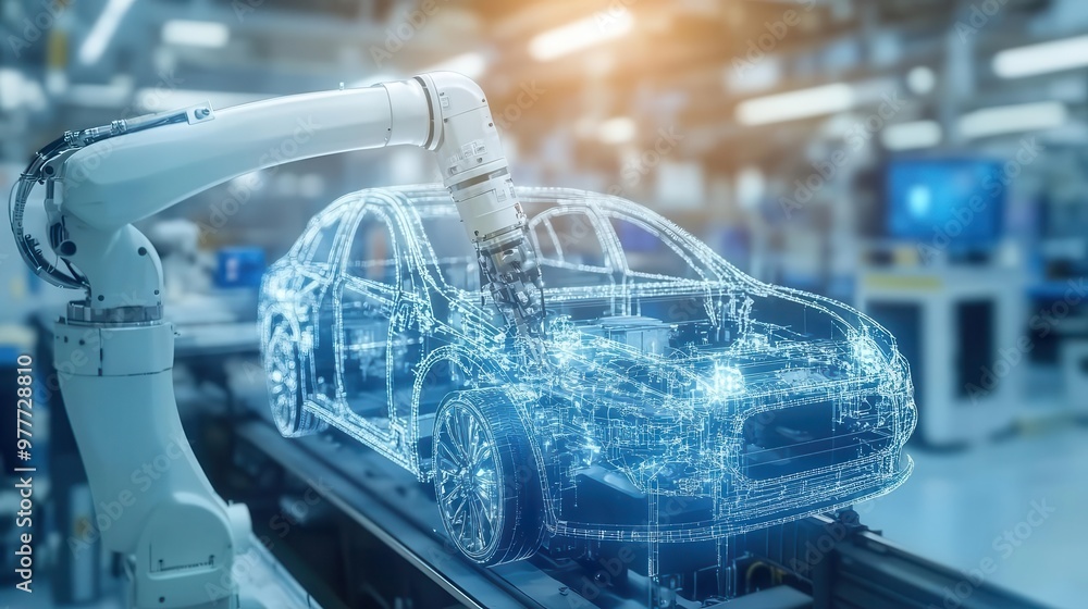 automated robotics assembly line in electric car factory futuristic production banner automated robotics assembly line in electric car factory futuristic production banner