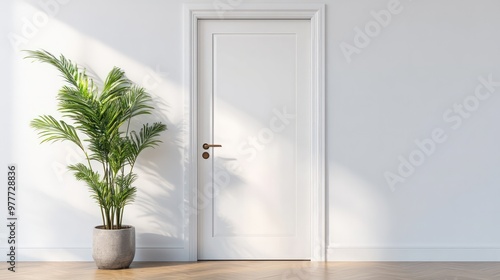 A white door with a plant in a pot next to it