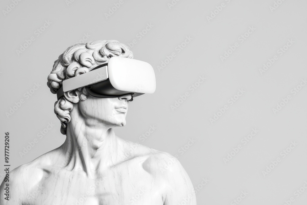 A classical sculpture wearing virtual reality glasses, blending art and technology in a modern interpretation. A classical sculpture wearing virtual reality glasses, blending art and technology in a modern interpretation.
