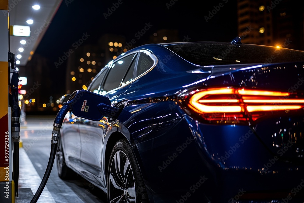 A car being refuelled at a gas station under the bright glow of city lights at night A car being refuelled at a gas station under the bright glow of city lights at night
