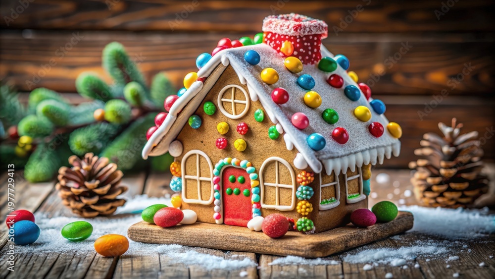 Obraz premium Gingerbread house cookie covered in colorful icing and candy decorations