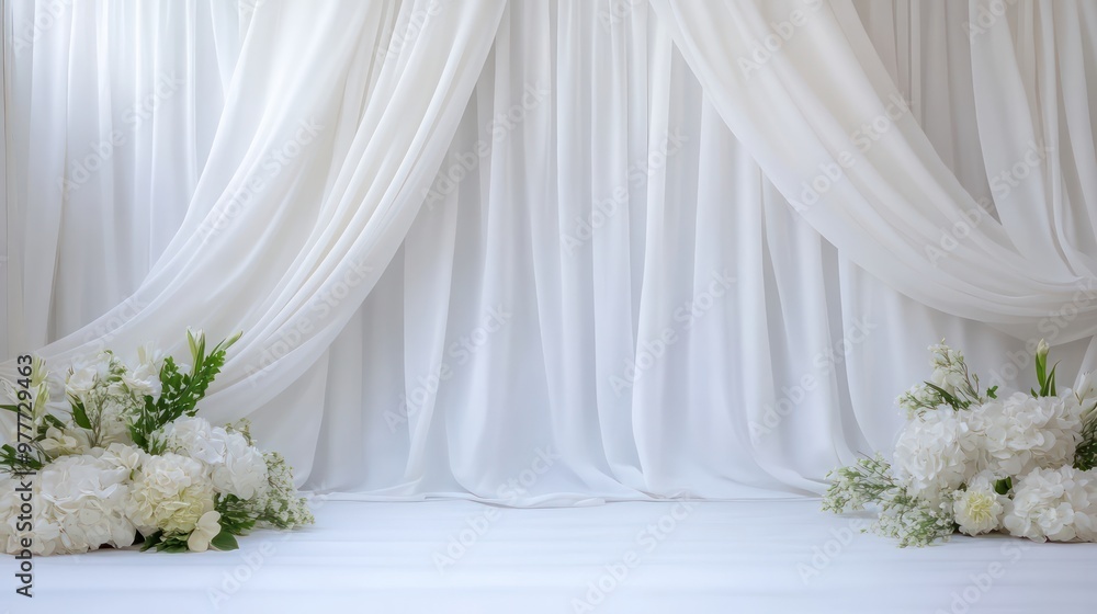 A white curtain with flowers on it A white curtain with flowers on it