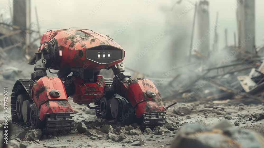 Rescue Robot: A rugged robot navigating through disaster debris, searching for survivors and providing assistance. 
