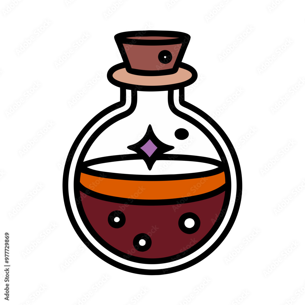 A glass bottle with a cork stopper and a star on top. The bottle is filled with a dark liquid A glass bottle with a cork stopper and a star on top. The bottle is filled with a dark liquid