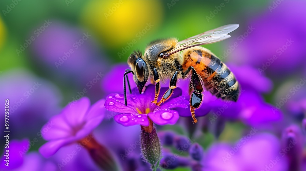 A bee on a purple flower collects nectar under the sun in a lush, vibrant garden. A bee on a purple flower collects nectar under the sun in a lush, vibrant garden.