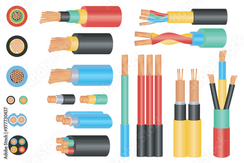Copper cable wires set elements in flat graphic design. Bundle objects of different types and colors wiring circuit, electric cords, power supply lines, core cut structure view. Vector illustration.