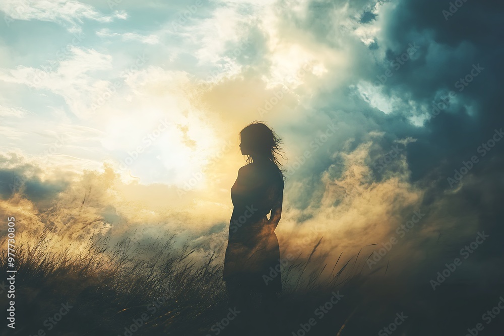 Silhouette of woman looking up at the cloudy sky, hope, inspiration, and faith concept Silhouette of woman looking up at the cloudy sky, hope, inspiration, and faith concept