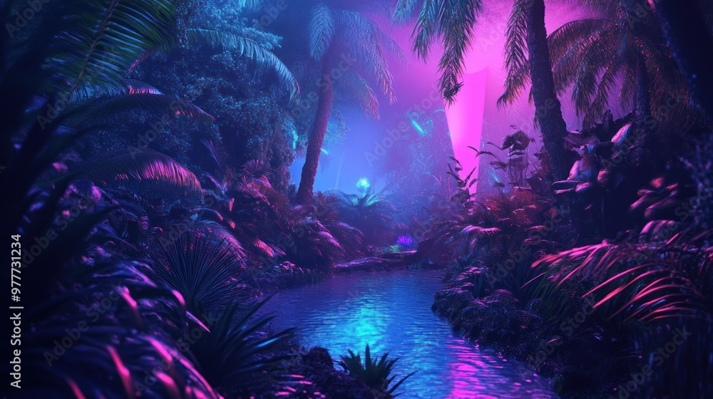 Fototapeta premium Neon Glow Illuminates a Tropical Stream Through Lush Foliage