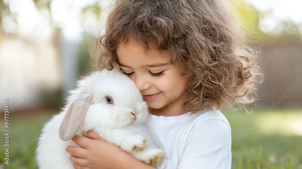 A young girl is holding a white rabbit in her arms. The scene is warm and friendly, with the girl and rabbit sharing a close bond A young girl is holding a white rabbit in her arms. The scene is warm and friendly, with the girl and rabbit sharing a close bond