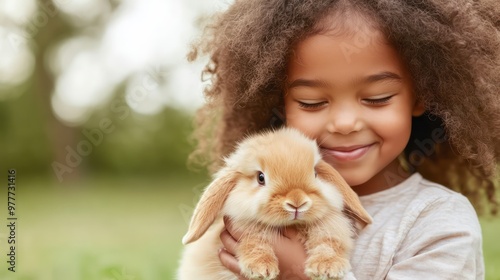 A young girl is holding a rabbit in her arms. She is smiling and she is happy