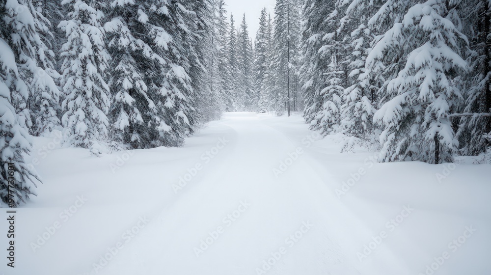 A snow covered road with trees in the background. The road is empty and quiet A snow covered road with trees in the background. The road is empty and quiet