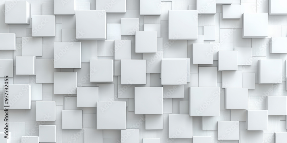 Modern white square tiles create a three-dimensional geometric wall, exemplifying contemporary interior design and adding depth and texture to the space. Modern white square tiles create a three-dimensional geometric wall, exemplifying contemporary interior design and adding depth and texture to the space.