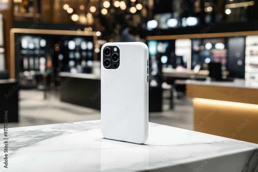 This image features a smartphone mockup with a white case displayed on a marble countertop in a modern retail environment. The background is a blurred, high-end store setting. This image features a smartphone mockup with a white case displayed on a marble countertop in a modern retail environment. The background is a blurred, high-end store setting.
