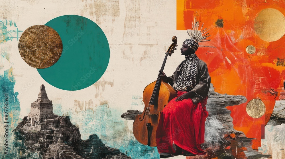 Obraz premium Abstract Collage Featuring a Person Playing a Double Bass and Architectural Elements