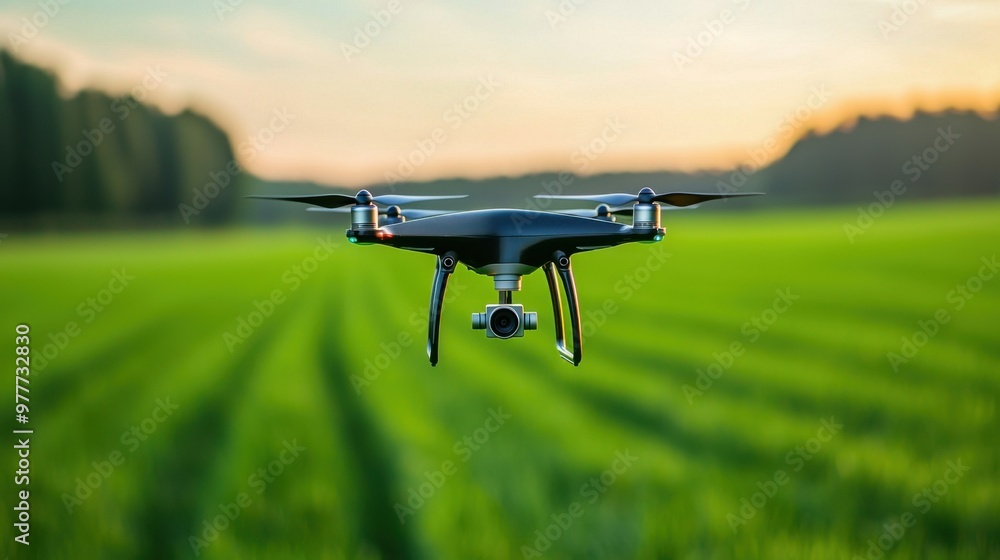 A sleek drone hovering over a lush green field, capturing stunning aerial views during a vibrant sunset. A sleek drone hovering over a lush green field, capturing stunning aerial views during a vibrant sunset.