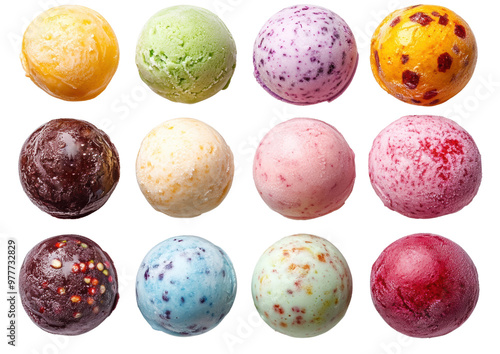 Assorted colorful ice cream scoops in different flavors isolated on transparent background
