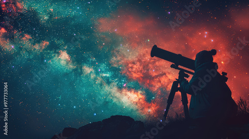 A stunning view of the Milky Way galaxy, with a silhouetted observer gazing through a telescope